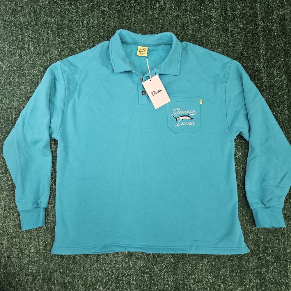 Duvin Catch Of The Day Polo Fleece Pullover Sweatshirt Teal Blue Size XL